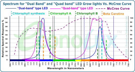 Spectrum for Dual Band and Quad band LED Grow lights Vs. McCree Curve